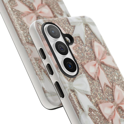 Glitter Bow Tough Phone Case — Pink & White Ribbon Protective Cover