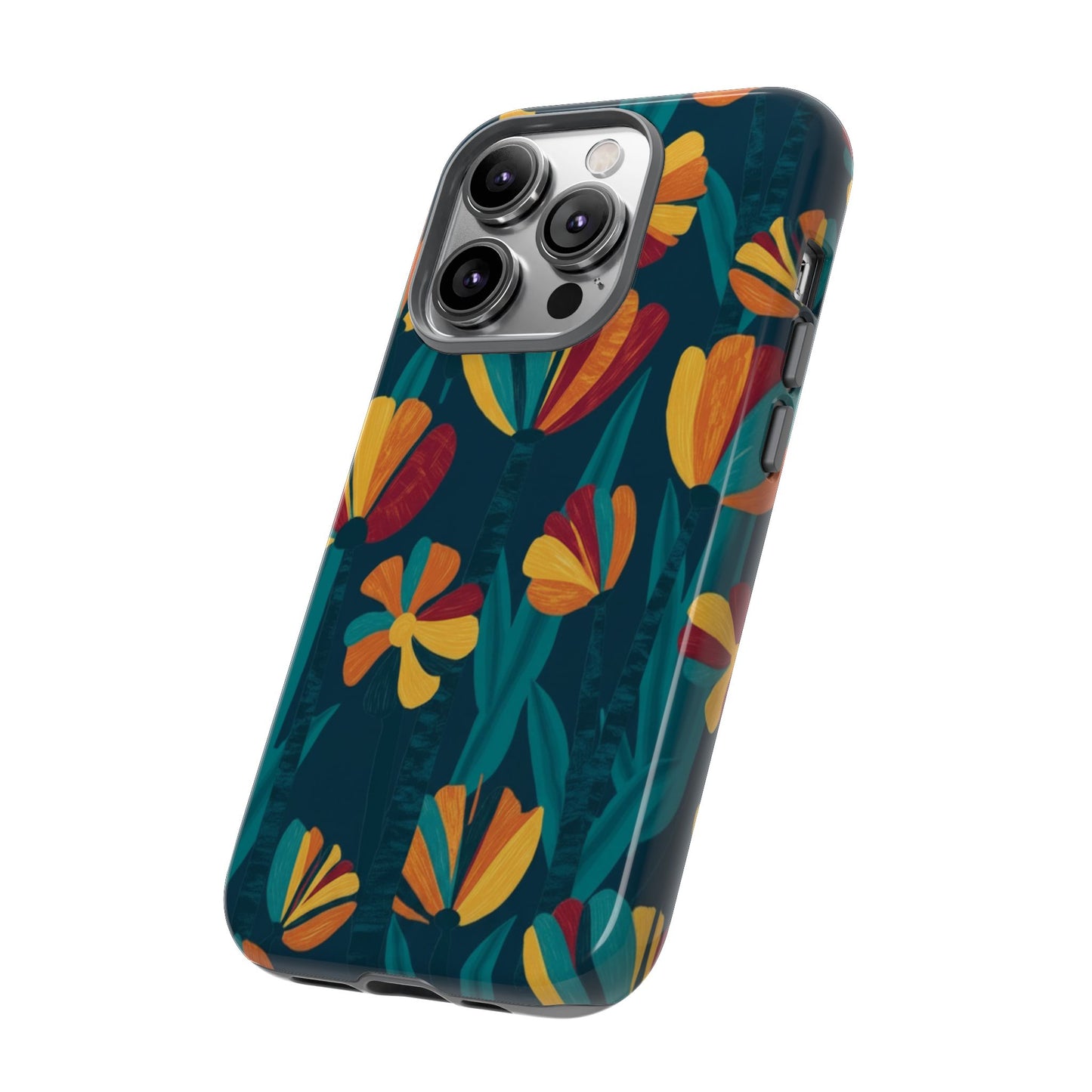 Floral Retro Teal Tough Phone Case — Vibrant Orange & Mustard Blooms