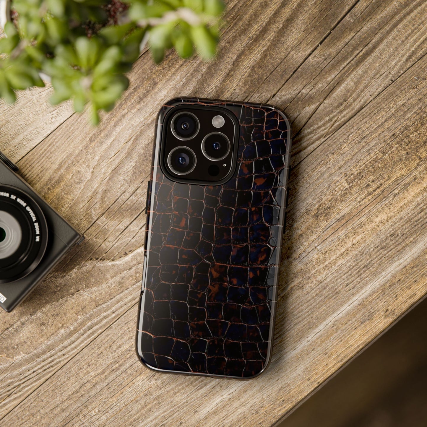 Croc-Embossed Tough Phone Case — Shockproof Black Alligator Texture