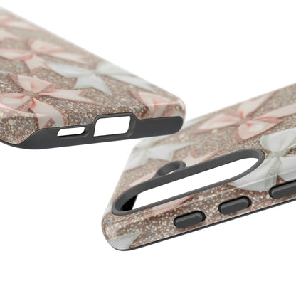Glitter Bow Tough Phone Case — Pink & White Ribbon Protective Cover