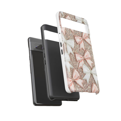 Glitter Bow Tough Phone Case — Pink & White Ribbon Protective Cover