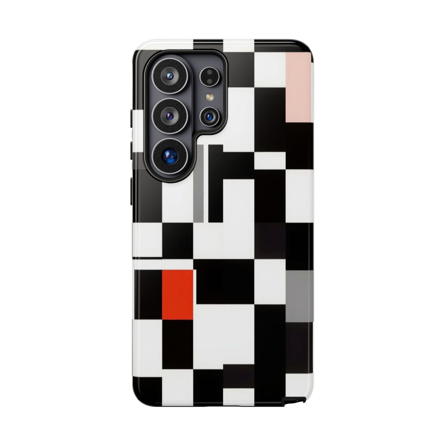Abstract Geometric Phone Case – Black & White Checker Grid with Red Accent