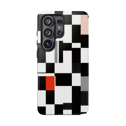 Abstract Geometric Phone Case – Black & White Checker Grid with Red Accent