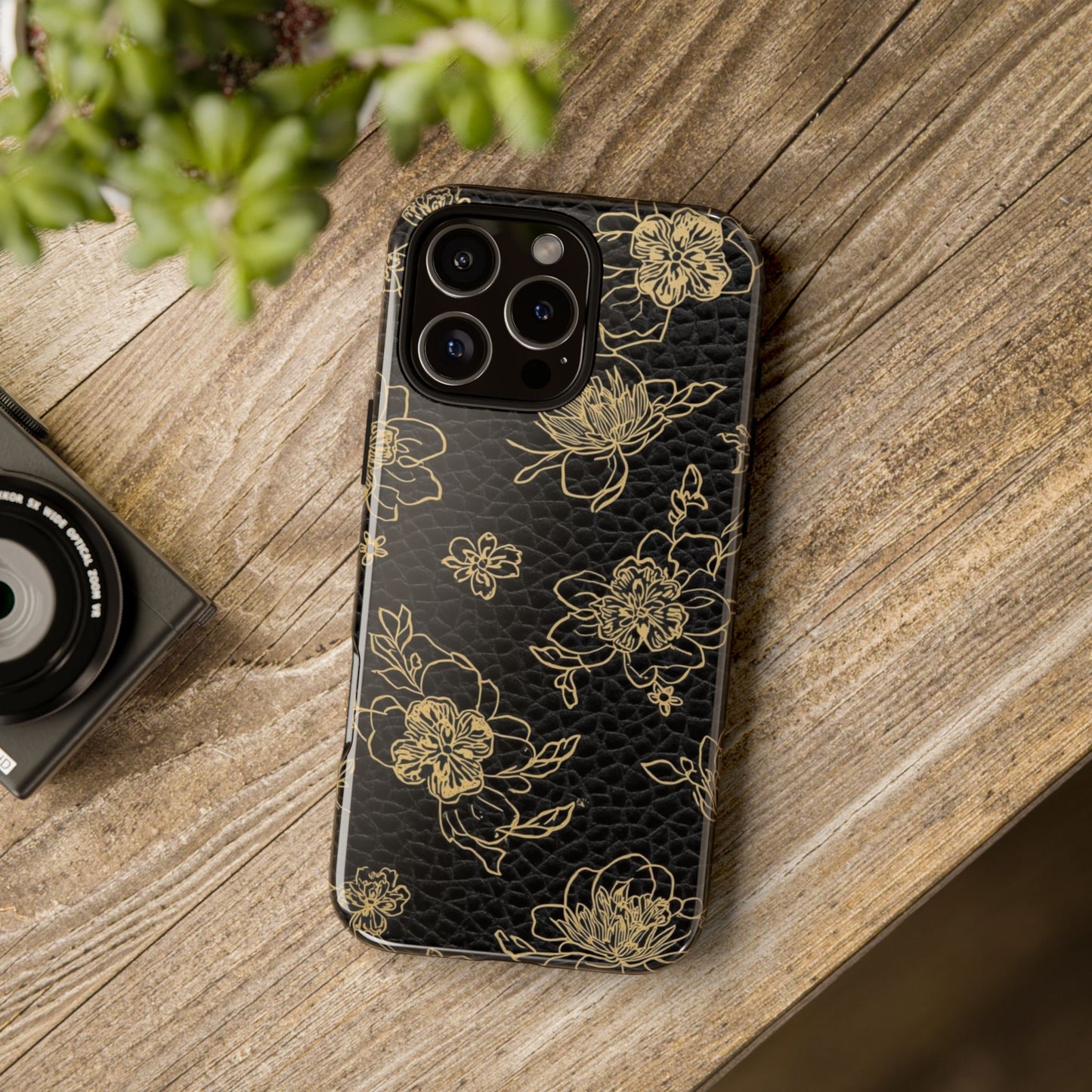 Floral Leather Phone Case — Gold Outline Flowers on Black Tough Case