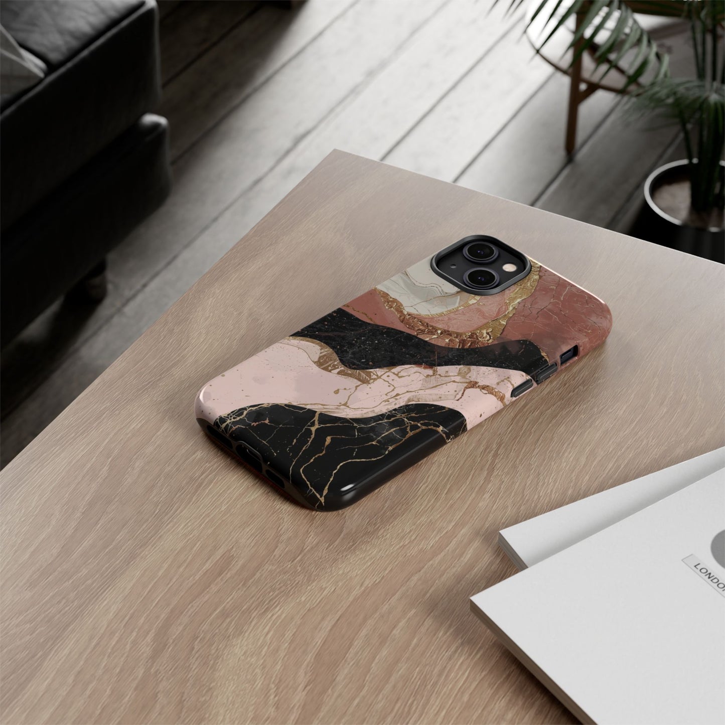 Marbled Rose Gold Phone Case — Abstract Pink & Black Protective Tough Case