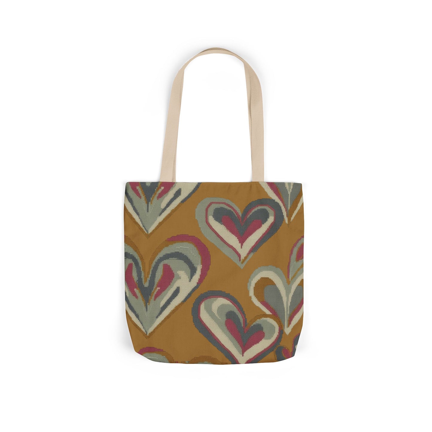 Boho Heart Canvas Tote — Retro Mustard Floral Pattern