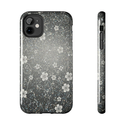 Floral Sparkle Tough Phone Case — Black & Silver Vintage Blossom