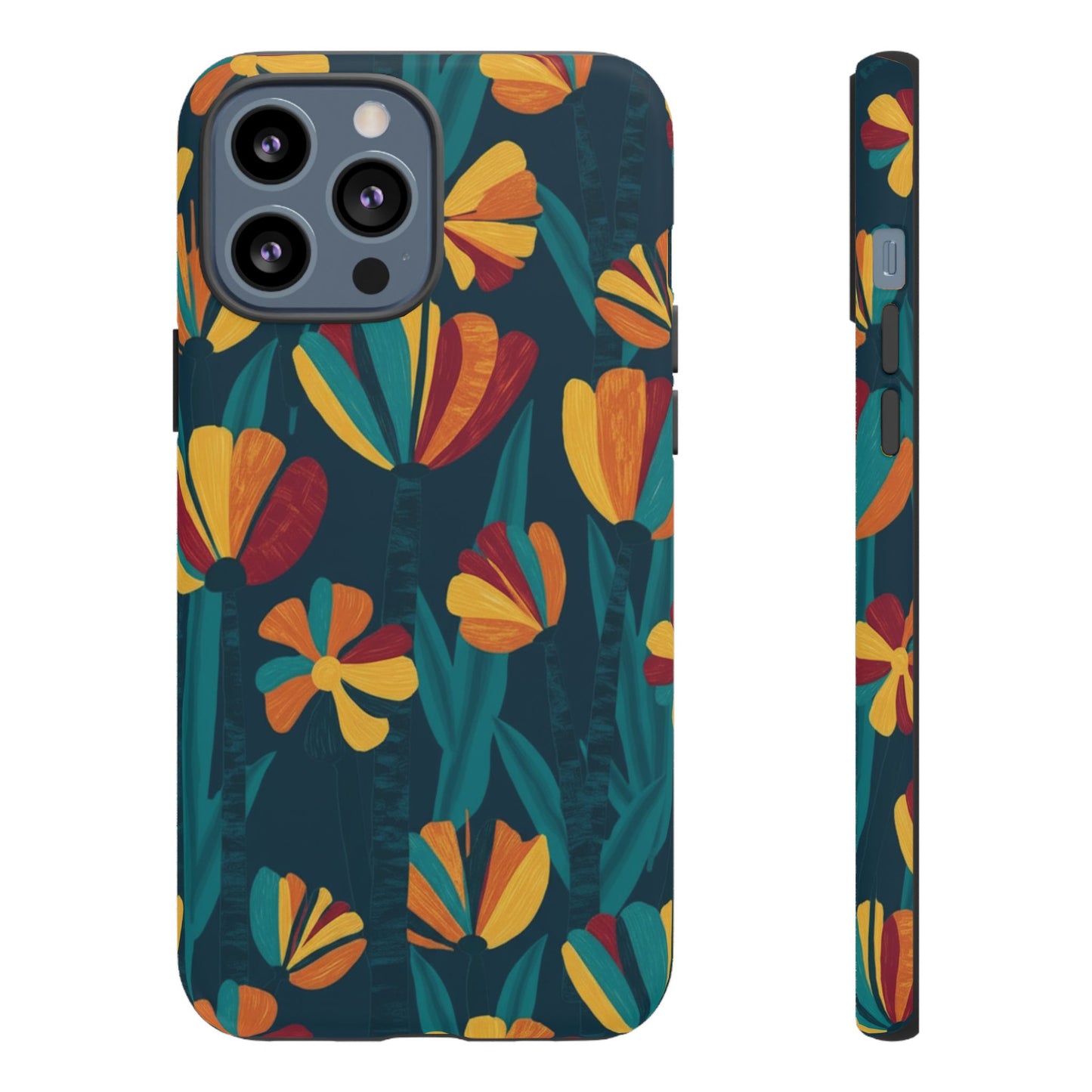 Floral Retro Teal Tough Phone Case — Vibrant Orange & Mustard Blooms