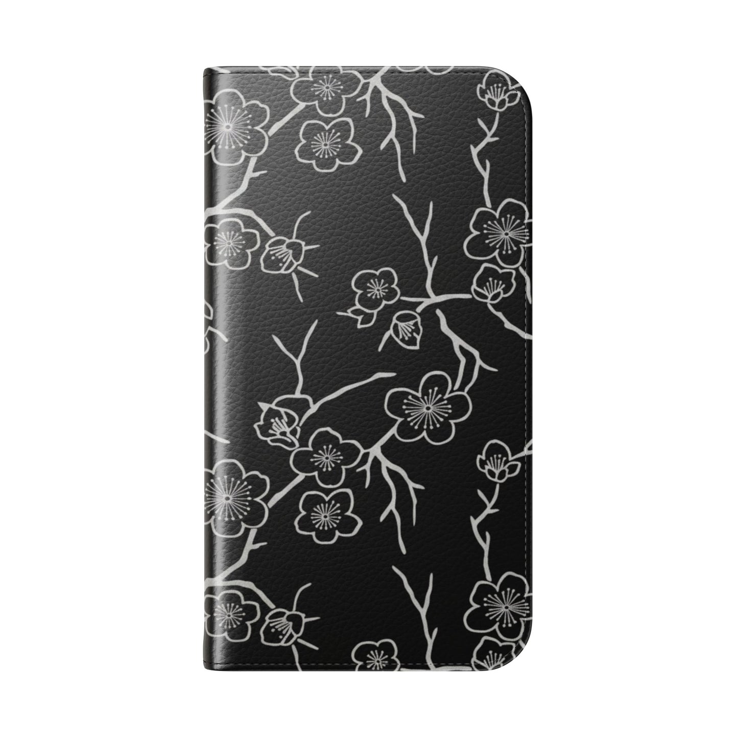 Black Cherry Blossom Flip Phone Case – Floral Wallet Flip Case with Card Slots