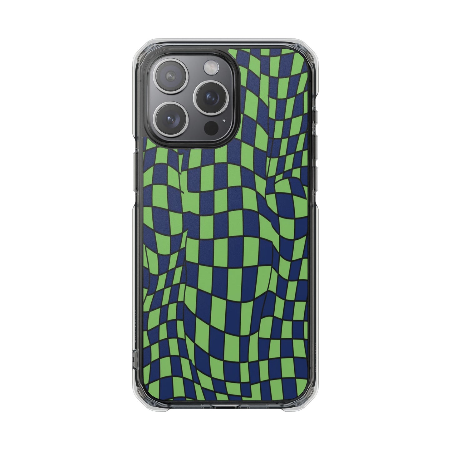 Clear Magnetic Phone Case — Green Distorted Checkerboard Design