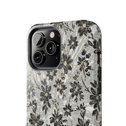 Floral Vintage Tough Phone Case — Black & Gray Rustic Flower Protective Case