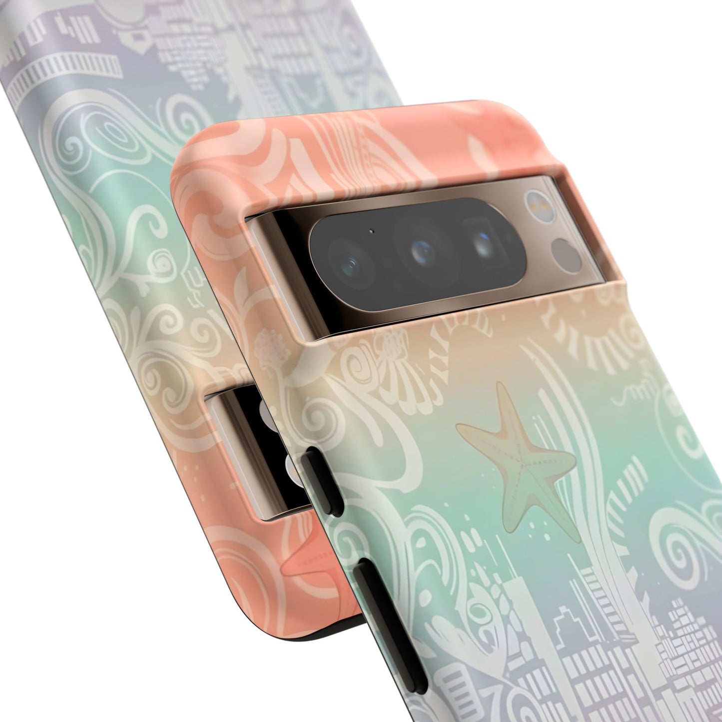 Tough Cases: Pastel Beach Pattern Phone Case — Starfish & Coastal Cityscape Protective Cover