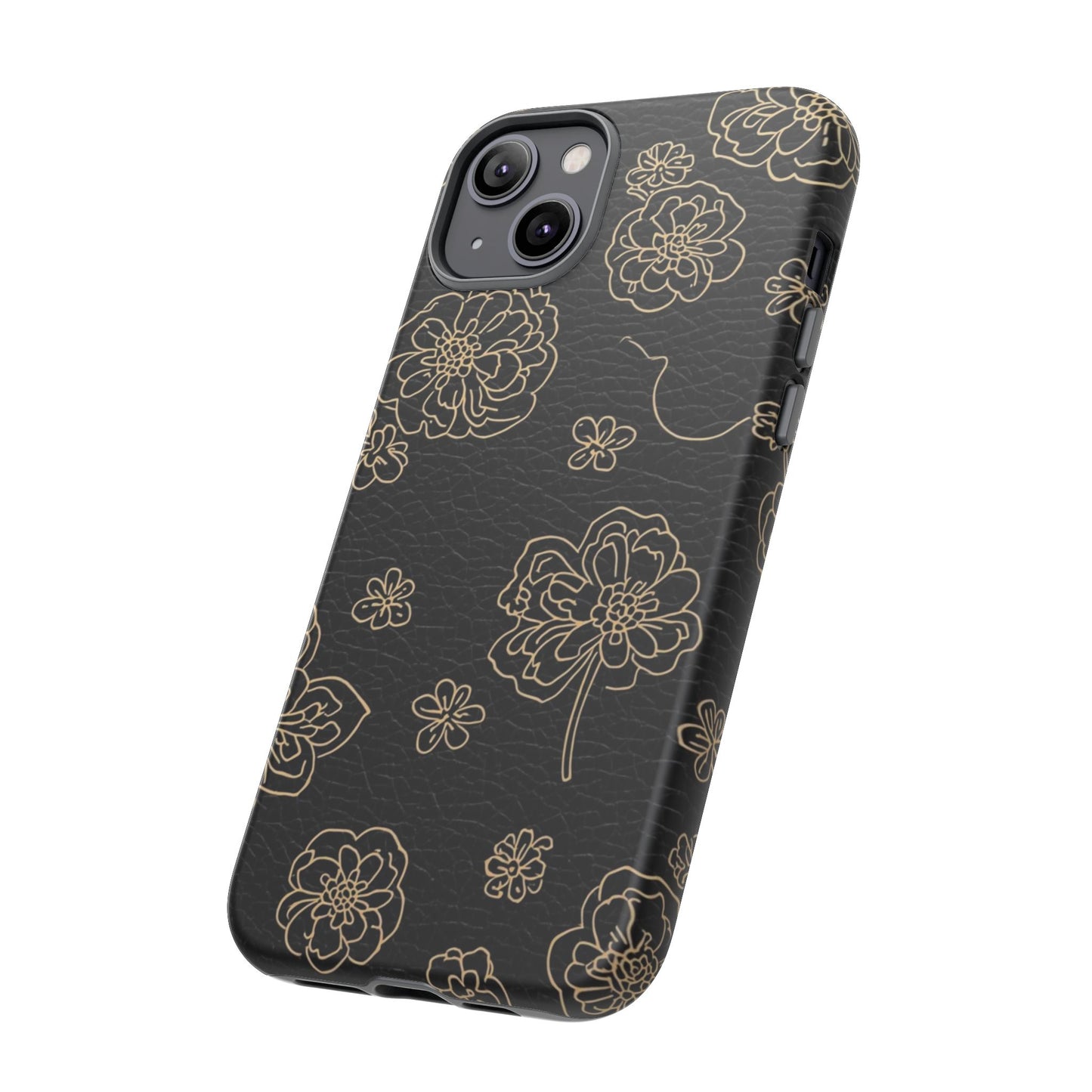 Floral Leather-Texture Tough Case – Black Gold Outline Phone Cover