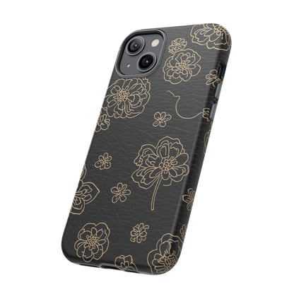 Floral Leather-Texture Tough Case – Black Gold Outline Phone Cover