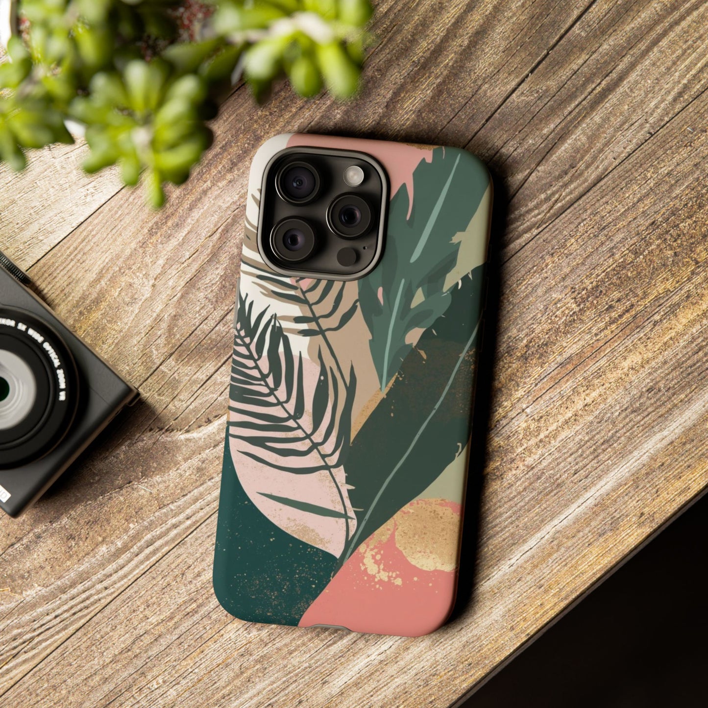 Tropical Leaf Tough Phone Case — Abstract Pink & Green Botanical Protective Cover