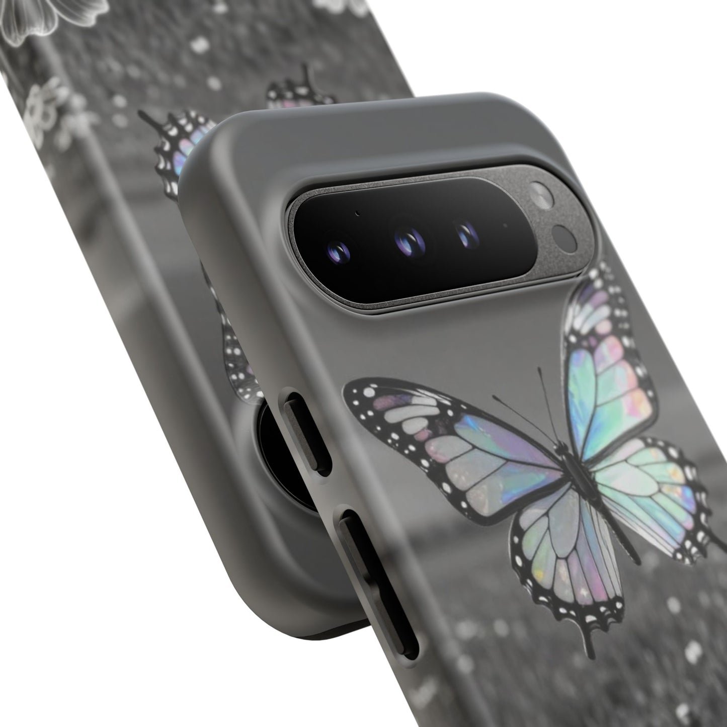 Butterfly Field Tough Phone Case — Pastel Holographic Butterfly on Black & White Floral Background