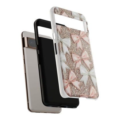 Glitter Bow Tough Phone Case — Pink & White Ribbon Protective Cover