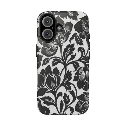 Tough Phone Case — Black & White Vintage Floral Protective Cover