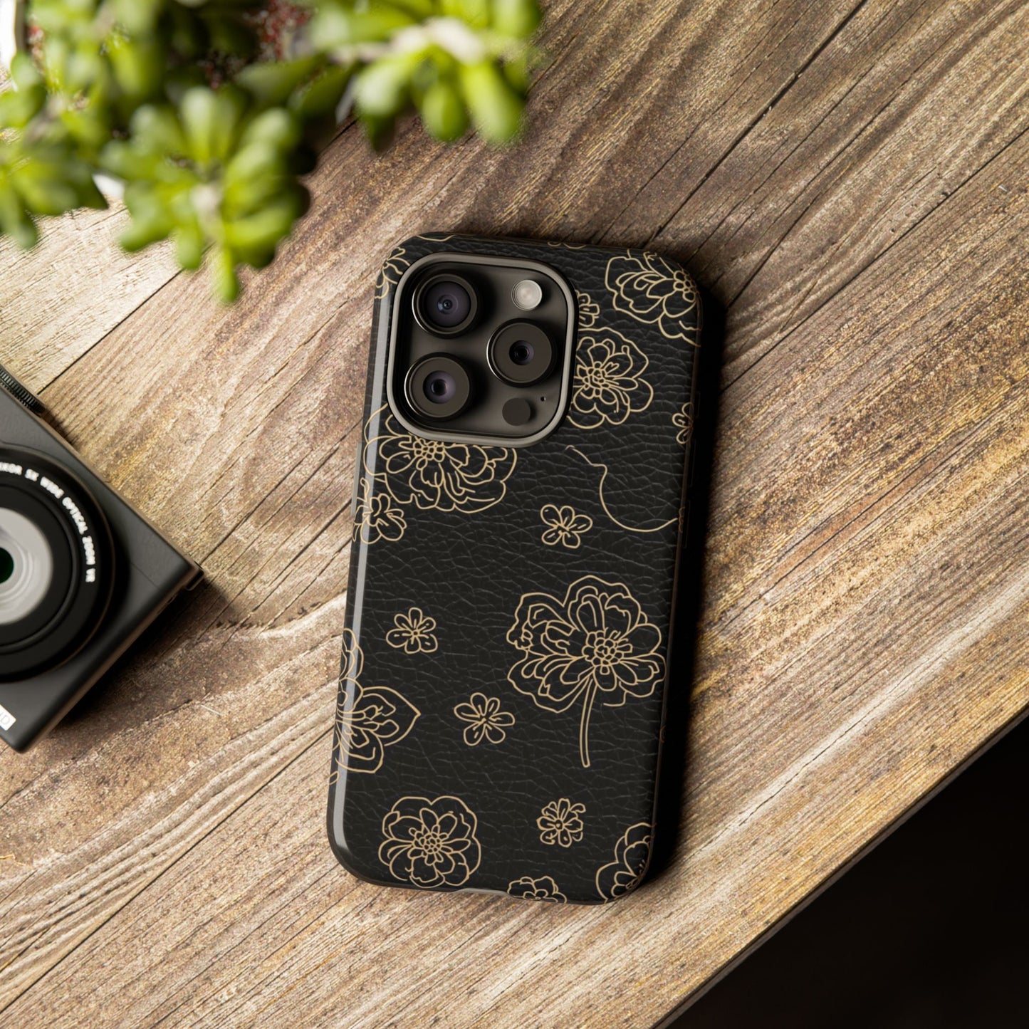 Floral Leather-Texture Tough Case – Black Gold Outline Phone Cover