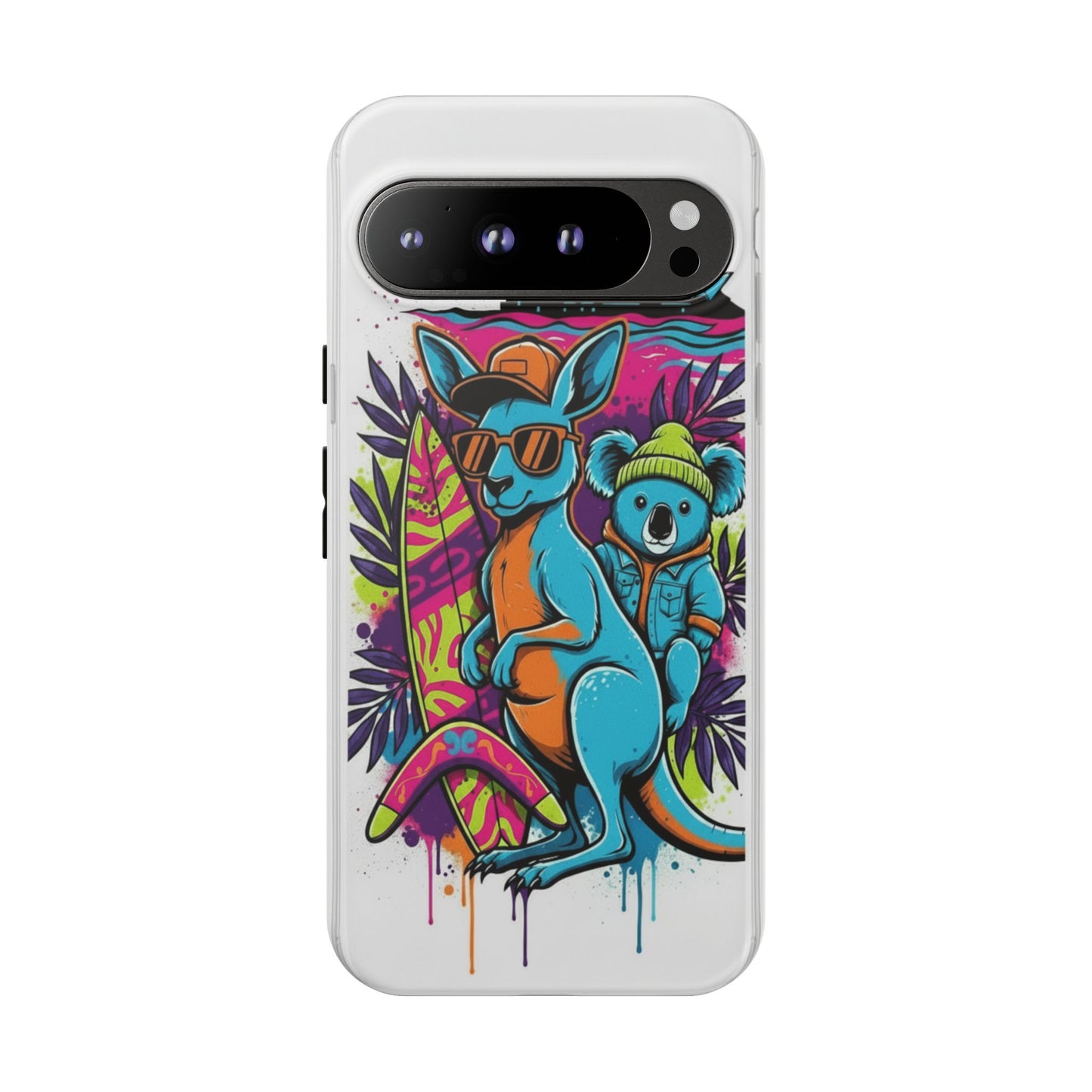 Kangaroo & Koala Surf Phone Case — Retro Neon Beach Art Tough Case