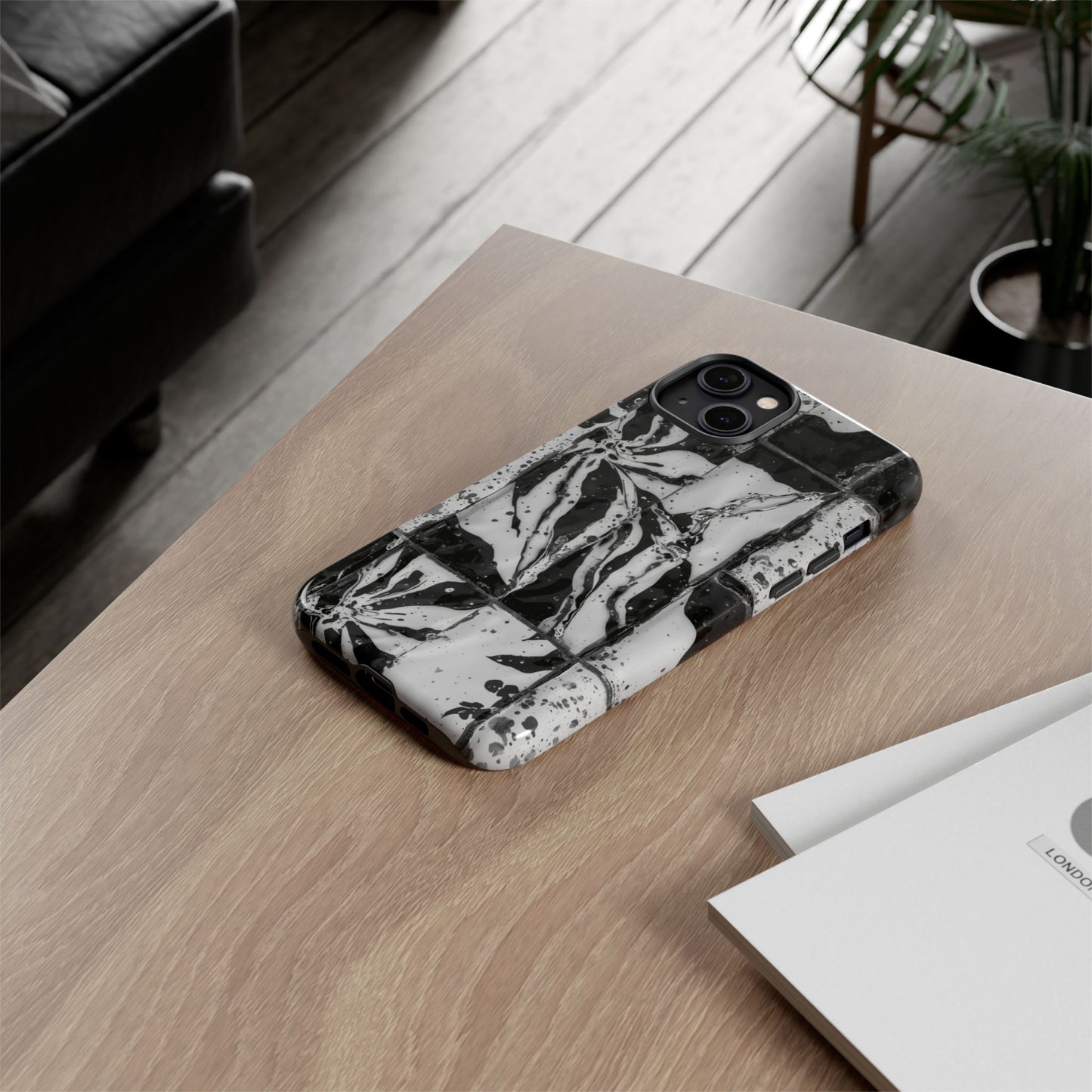 Monochrome Tile Floral Tough Phone Case
