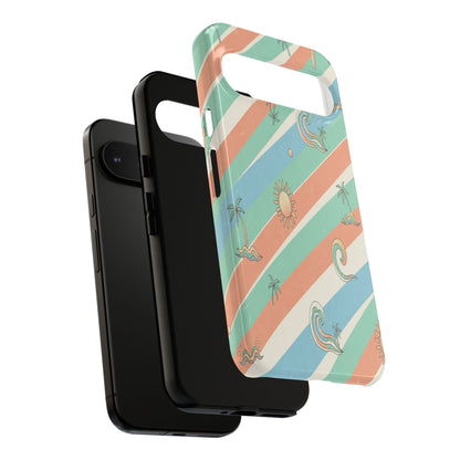 Retro Beach Stripes Phone Case — Sun, Waves & Palm Pattern Tough Case