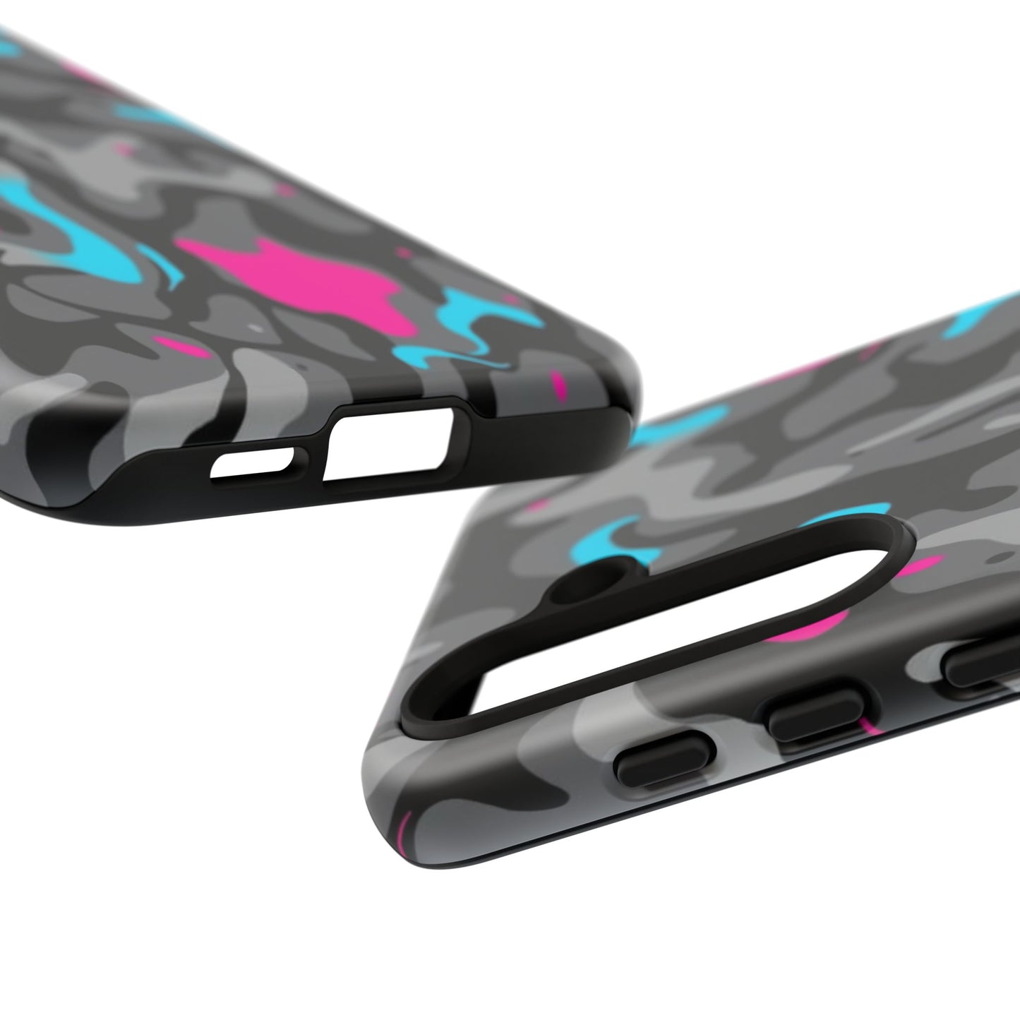 Camouflage Phone Case — Gray Camo with Neon Pink & Cyan Accent Tough Protective Cover
