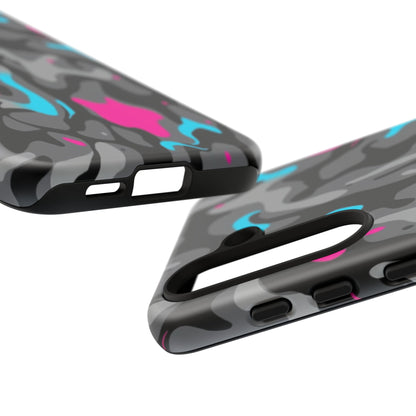 Camouflage Phone Case — Gray Camo with Neon Pink & Cyan Accent Tough Protective Cover
