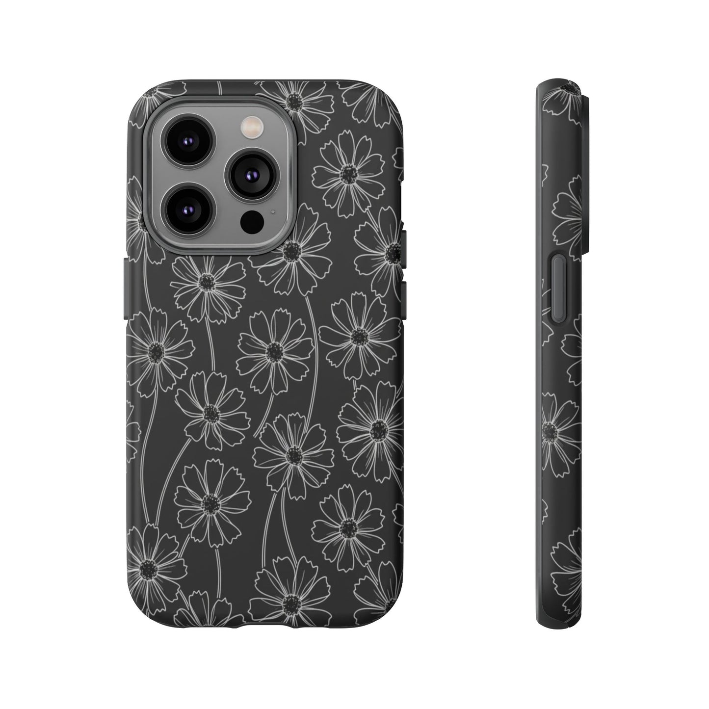 Floral Doodle Tough Phone Case — Black & Gray Daisy Pattern