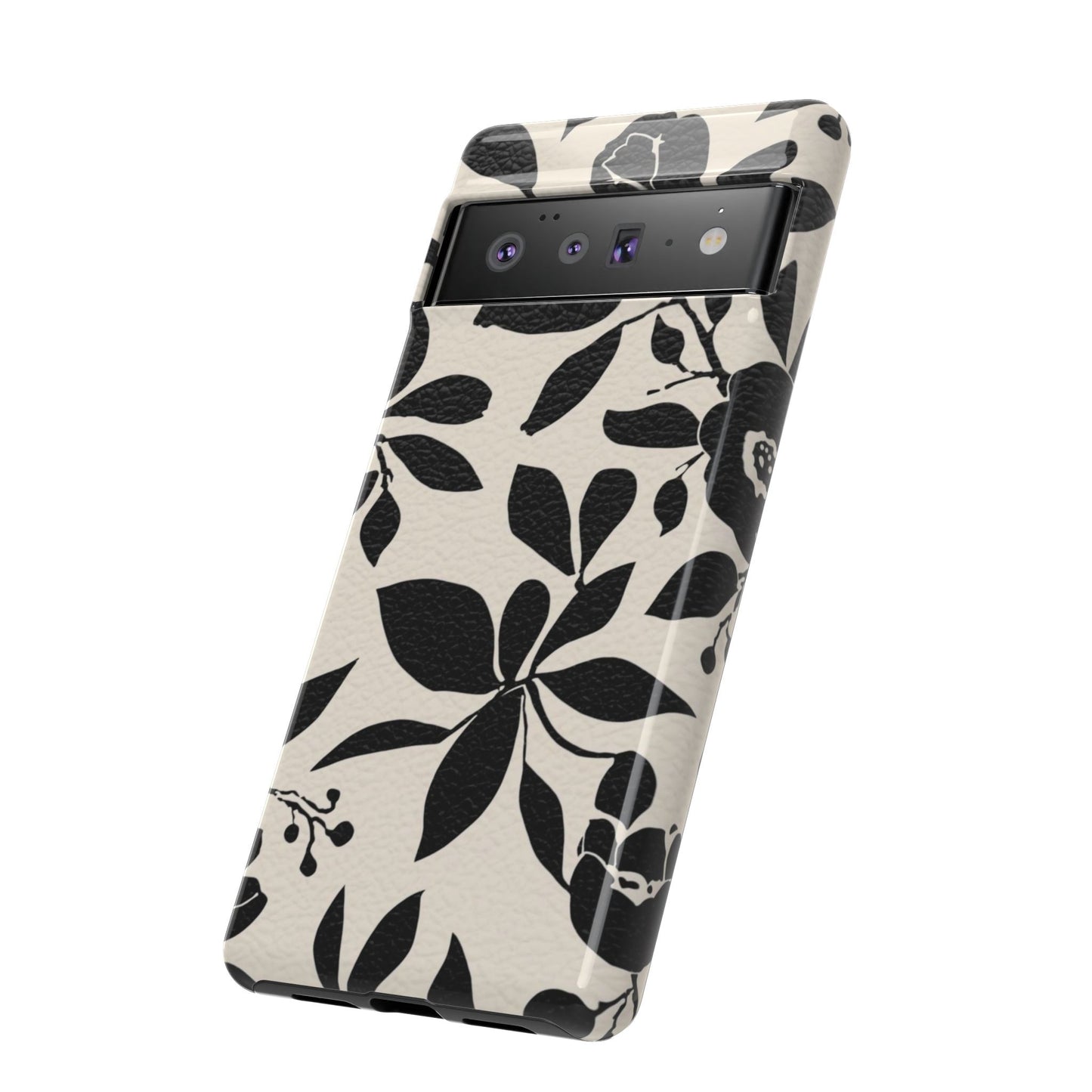 Black Floral Pattern Phone Case — Monochrome Botanical Tough Case