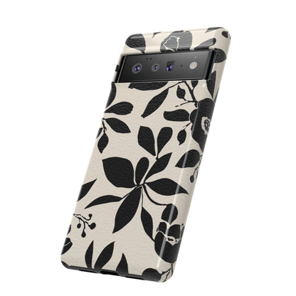 Black Floral Pattern Phone Case — Monochrome Botanical Tough Case