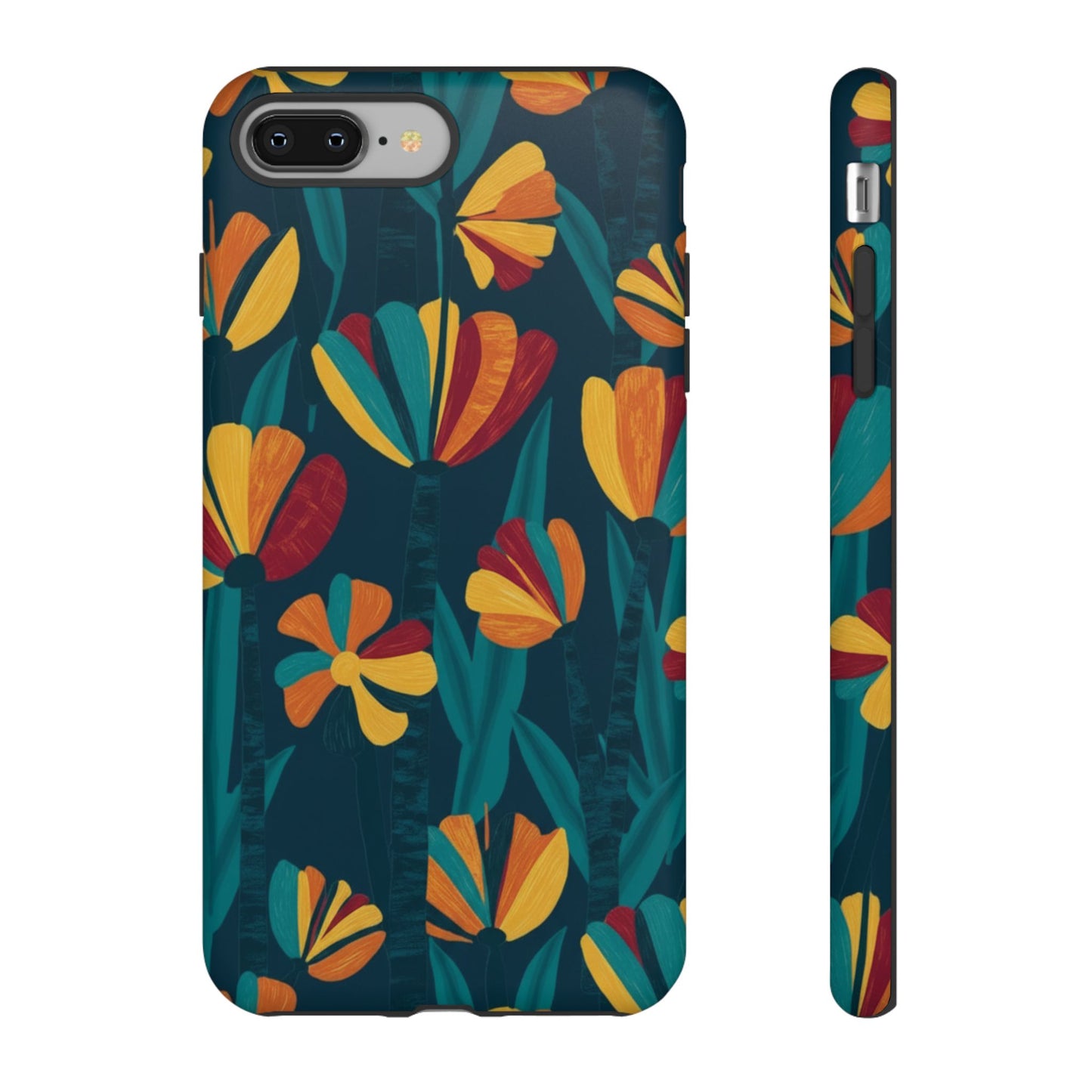 Floral Retro Teal Tough Phone Case — Vibrant Orange & Mustard Blooms