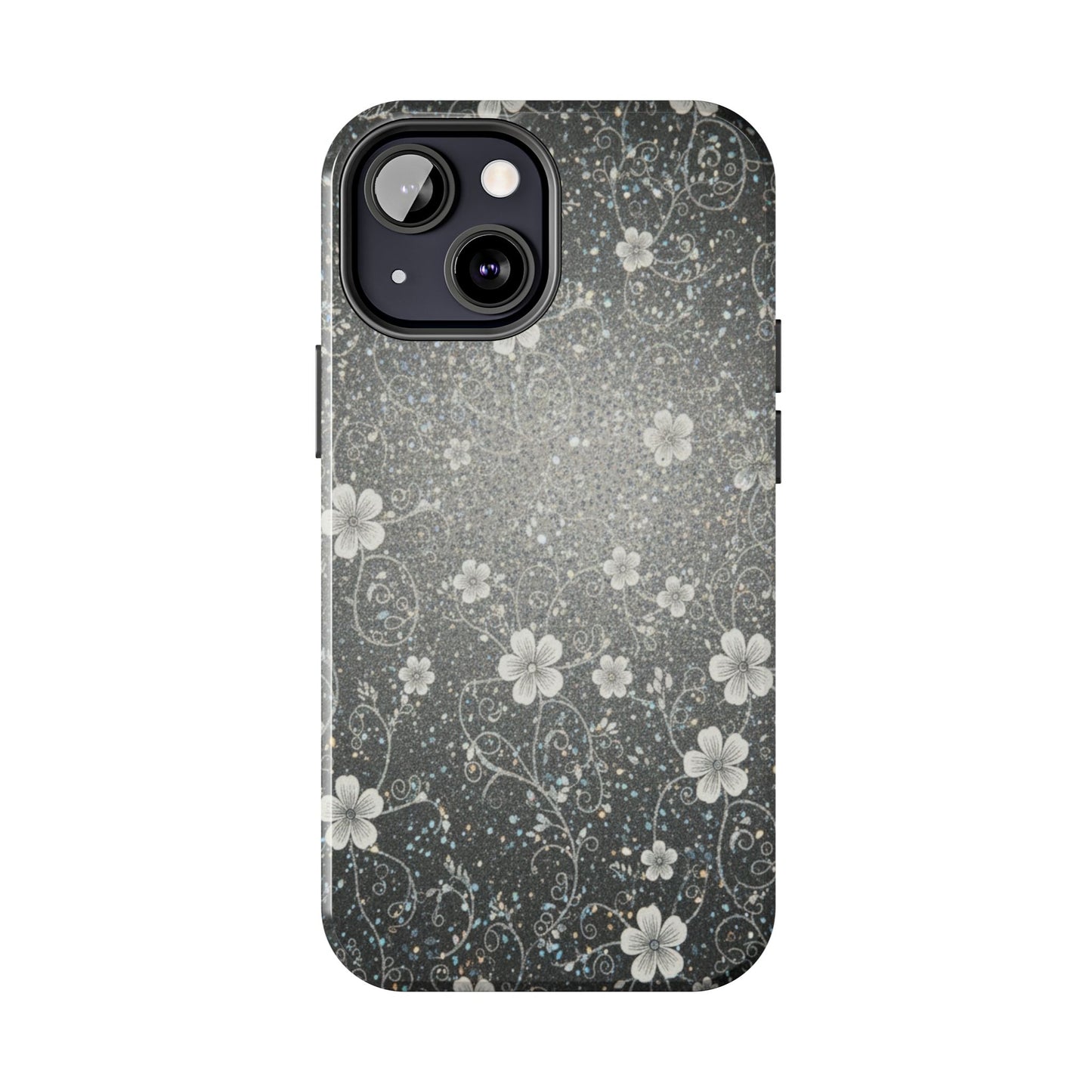 Floral Sparkle Tough Phone Case — Black & Silver Vintage Blossom