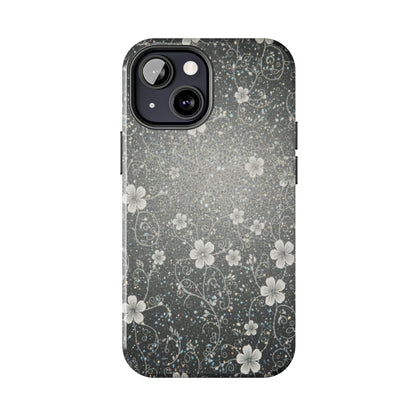 Floral Sparkle Tough Phone Case — Black & Silver Vintage Blossom