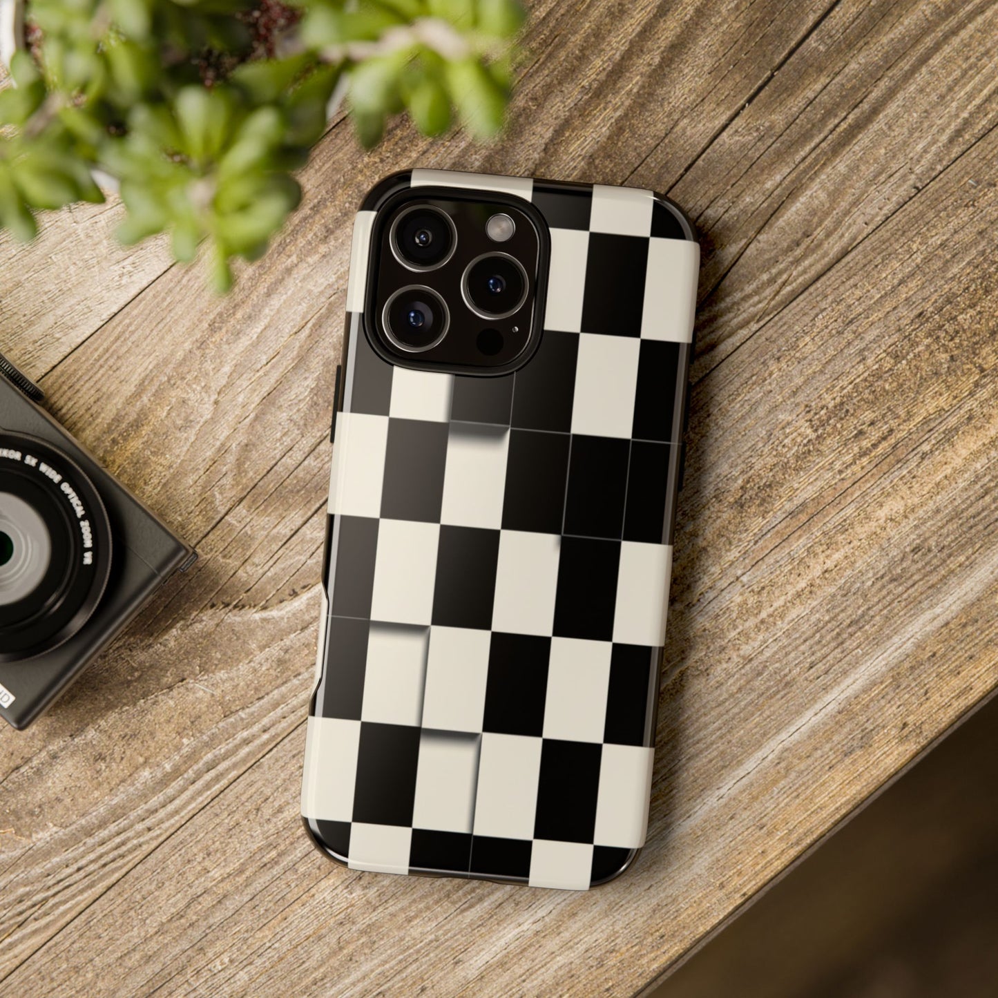 Checkerboard Tough Phone Case — Classic Black & Cream Grid Protective Cover