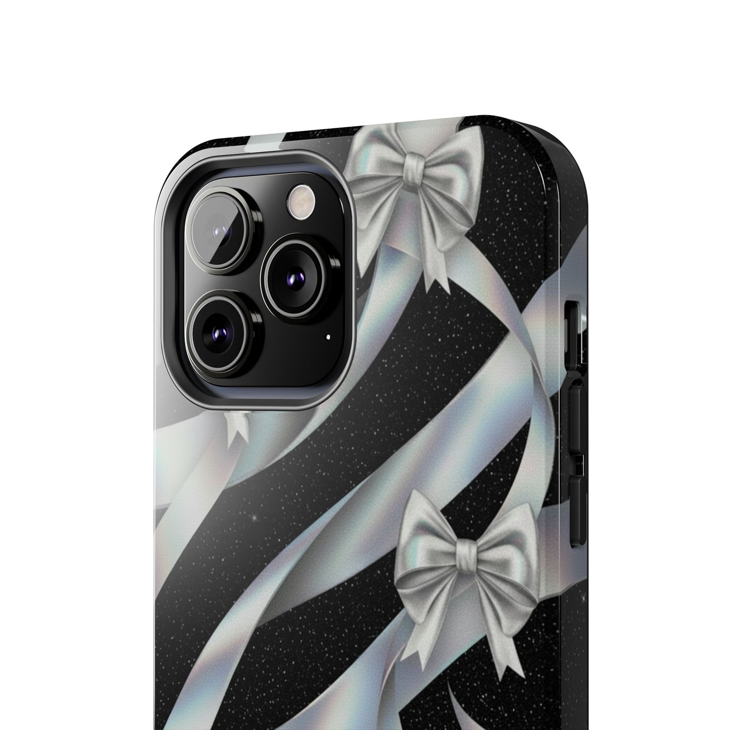 Silver Ribbon Bow Tough Phone Case — Glitter Black Protective Phone Case