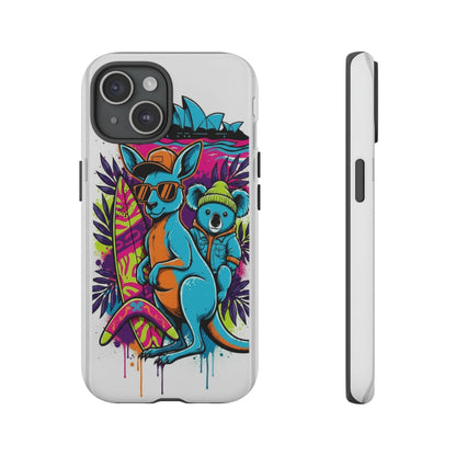 Kangaroo & Koala Surf Phone Case — Retro Neon Beach Art Tough Case