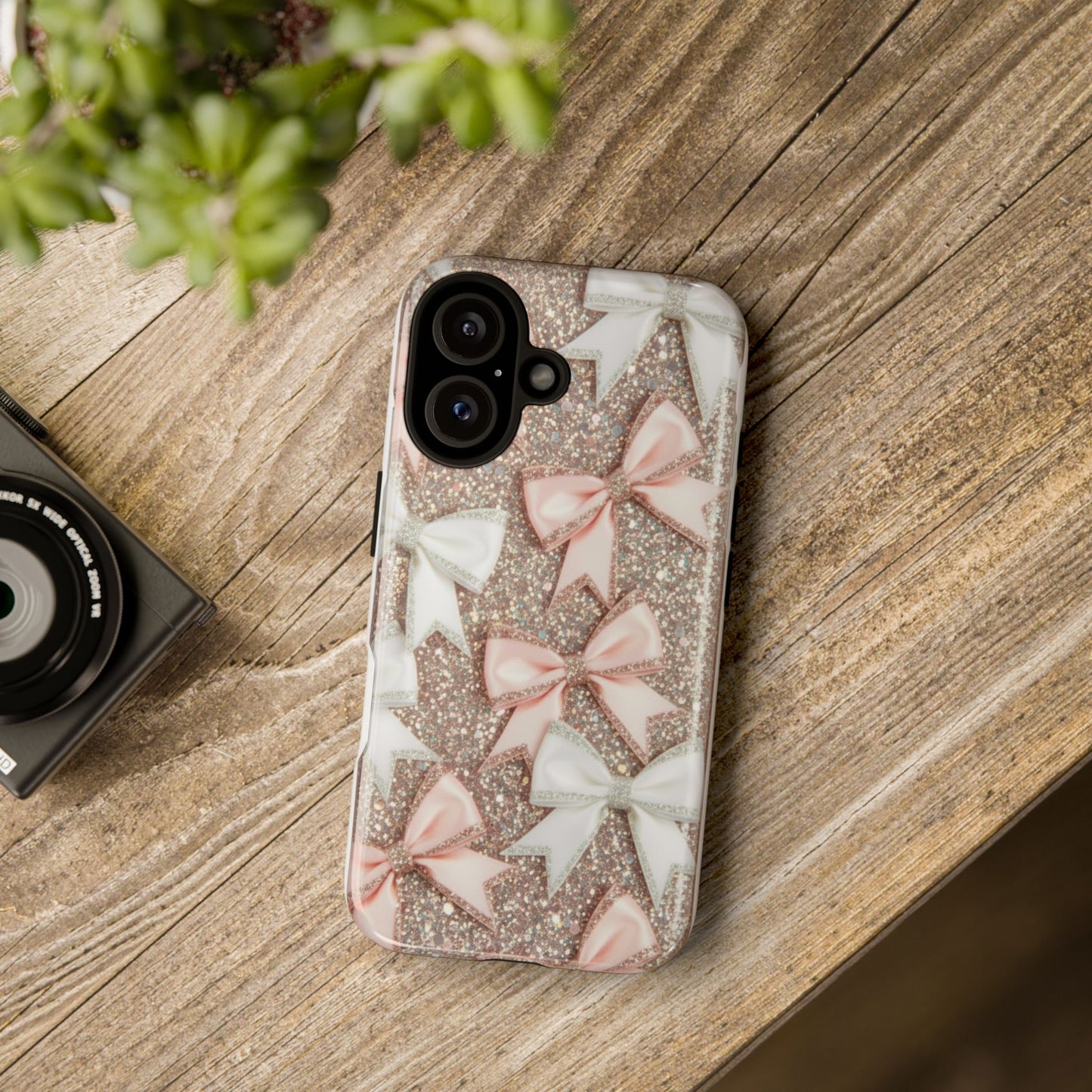Glitter Bow Tough Phone Case — Pink & White Ribbon Protective Cover