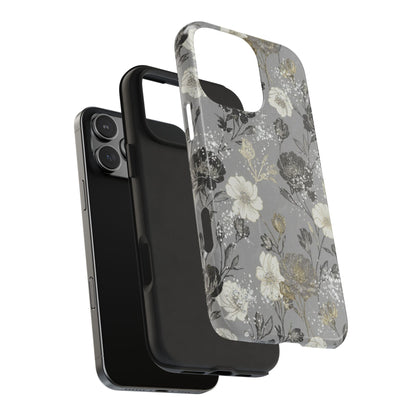 Floral Gray Tough Phone Case — Elegant Protective Phone Cover with Gold Accent