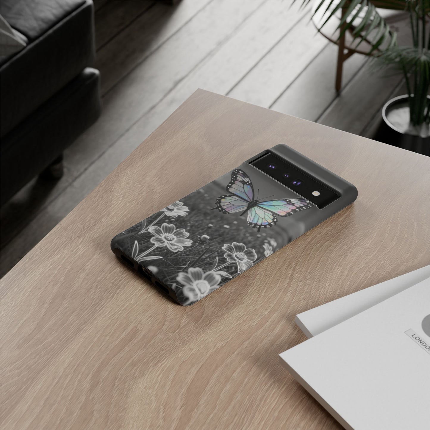 Butterfly Field Tough Phone Case — Pastel Holographic Butterfly on Black & White Floral Background