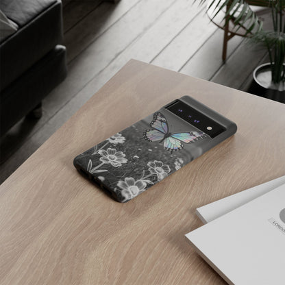 Butterfly Field Tough Phone Case — Pastel Holographic Butterfly on Black & White Floral Background