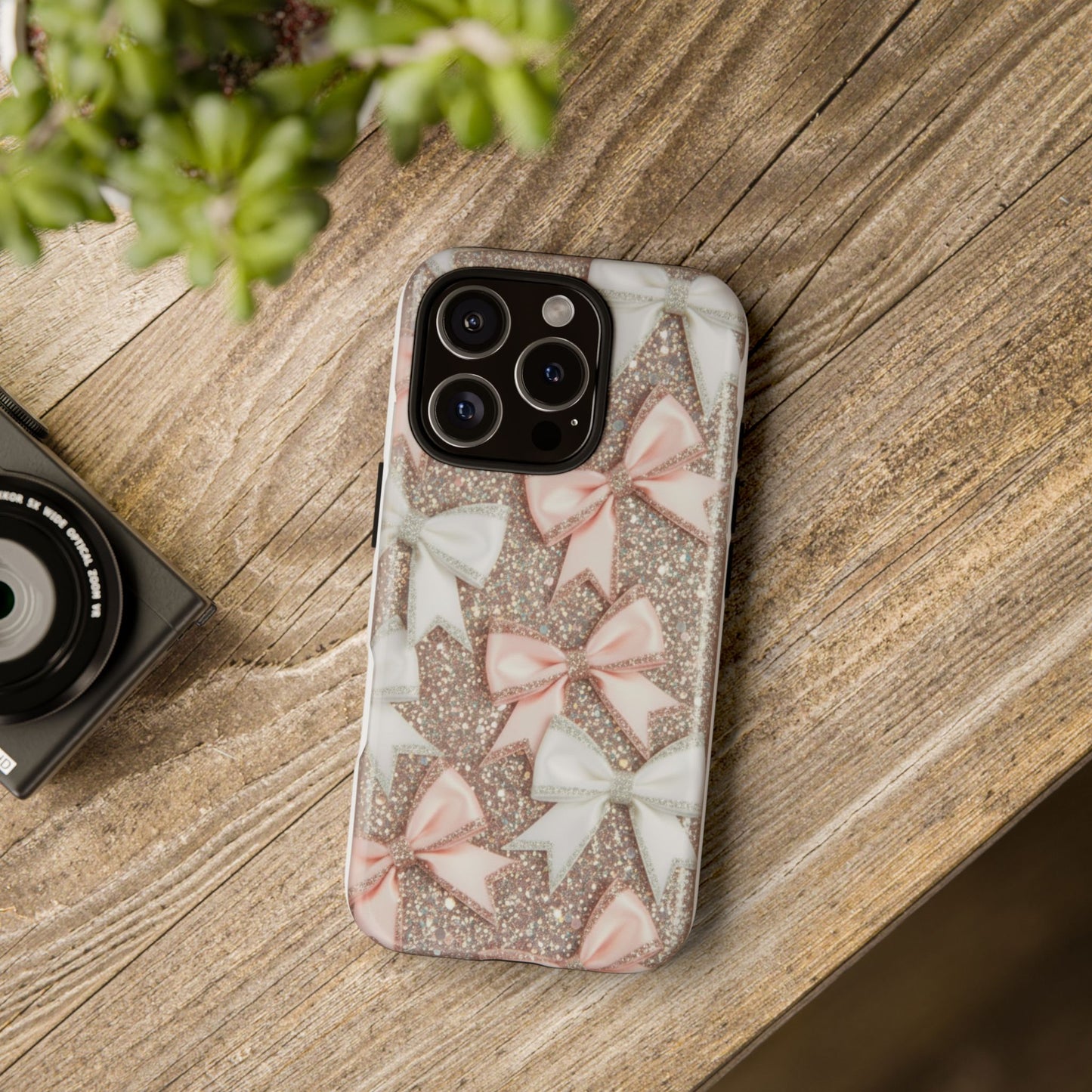 Glitter Bow Tough Phone Case — Pink & White Ribbon Protective Cover