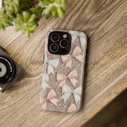 Glitter Bow Tough Phone Case — Pink & White Ribbon Protective Cover