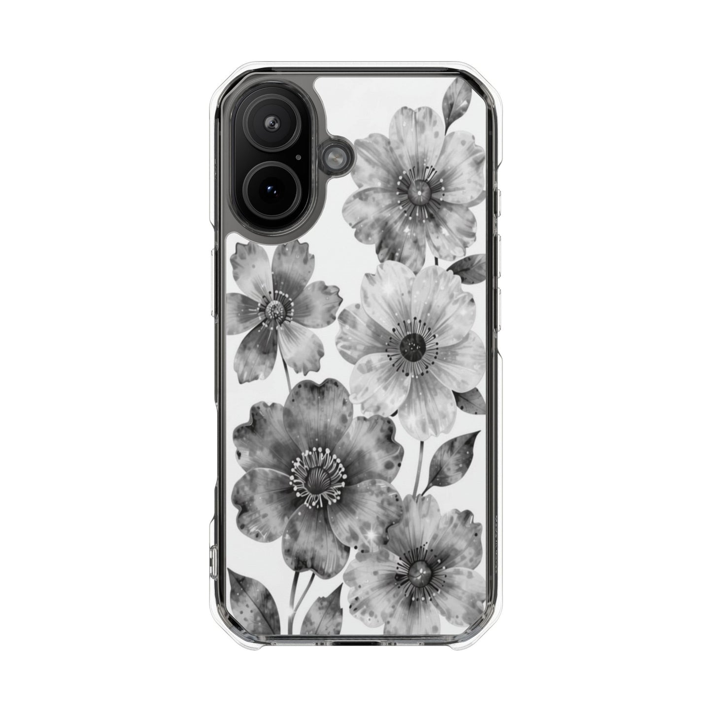 Clear Magnetic Phone Case — Black & White Watercolor Floral Design