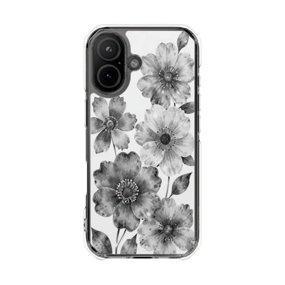 Clear Magnetic Phone Case — Black & White Watercolor Floral Design