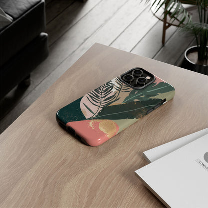 Tropical Leaf Tough Phone Case — Abstract Pink & Green Botanical Protective Cover
