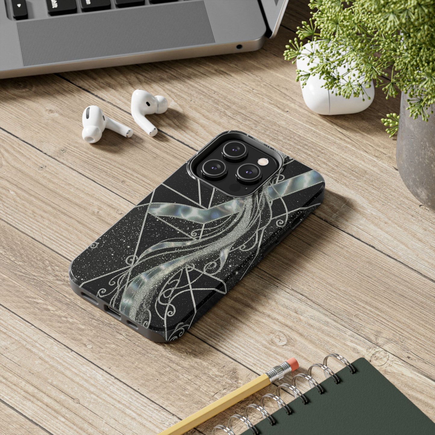 Geometry Tough Phone Case — Iridescent Ribbon on Black Celestial Background