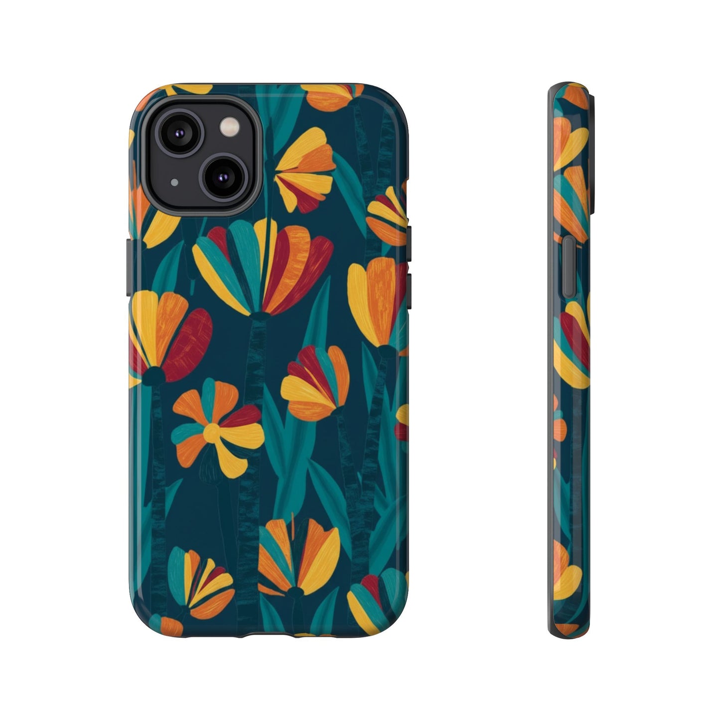 Floral Retro Teal Tough Phone Case — Vibrant Orange & Mustard Blooms