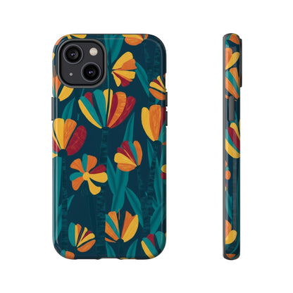 Floral Retro Teal Tough Phone Case — Vibrant Orange & Mustard Blooms