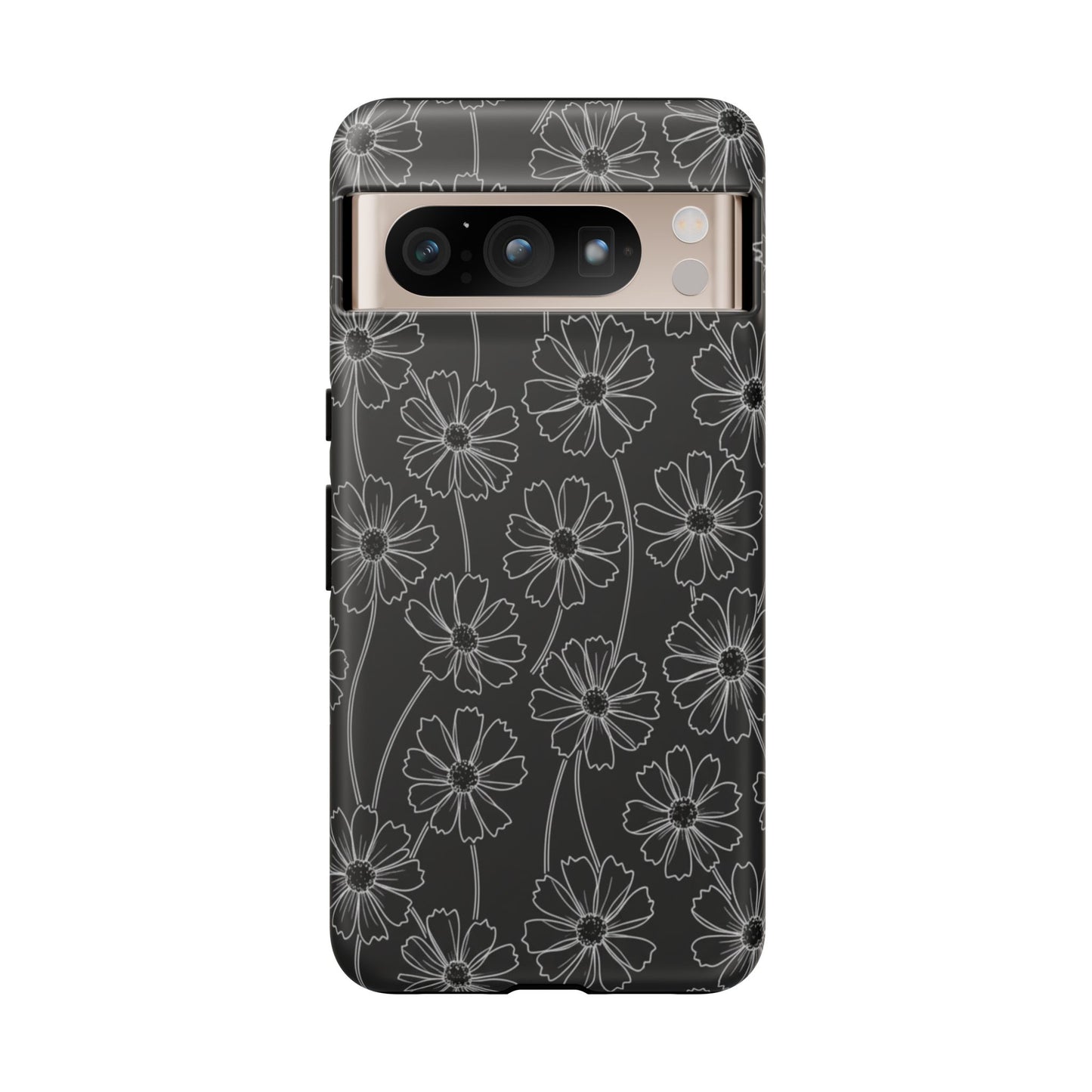 Floral Doodle Tough Phone Case — Black & Gray Daisy Pattern
